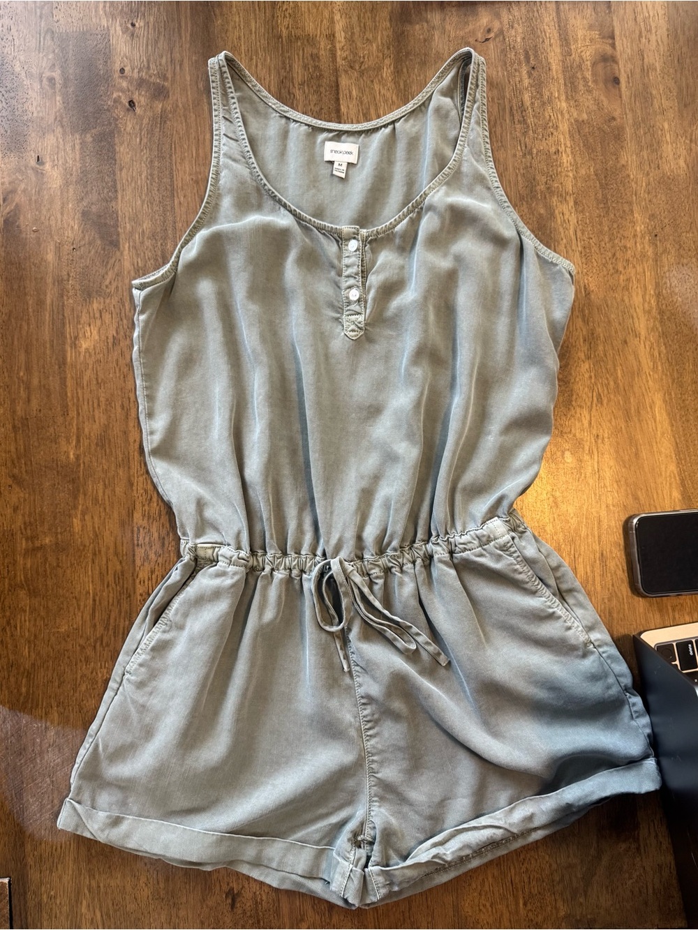 Sneak Peek Sage Green Sleeveless Romper with Drawstring